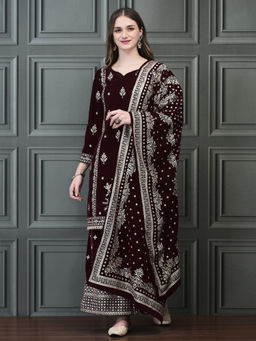 Shree - Women Velvet Burgundy Ornamental Print Kurta with Palazzo & Dupatta (Set of 3)