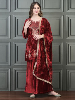 Shree - Women Velvet Red Embroidered Kurta with Palazzo & Dupatta (Set of 3)