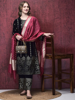 Shree - Women Velvet Navy Blue Foil Print Kurta with Pant & Dupatta (Set of 3)