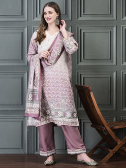 Shree - Women Pashmina Pink Ornamental Print Kurta with Pant & Dupatta (Set of 3)