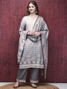 Shree - Women Pashmina Grey Ornamental Print Kurta with Pant & Dupatta (Set of 3)