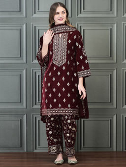 Shree - Women Velvet Maroon Foil Print Kurta with Pant & Dupatta (Set of 3)