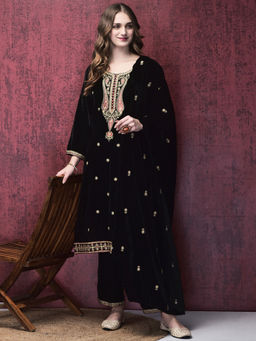 Shree - Women Velvet Black Embroidered Kurta with Pant & Dupatta (Set of 3)
