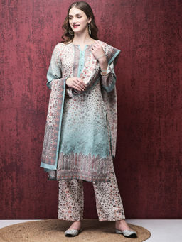 Shree - Women Pashmina Aqua Calico Print Kurta with Pant & Dupatta (Set of 3)