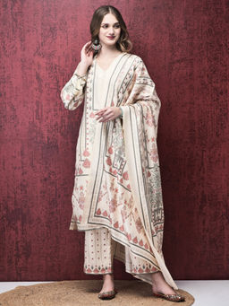 Shree - Women Pashmina Off White Placement Print Kurta with Pant & Dupatta (Set of 3)