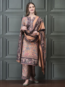 Shree - Women Pashmina Mustard Floral Print Kurta with Pant & Dupatta (Set of 3)