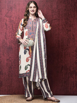 Shree - Women Pashmina Off White Printed Kurta with Pant & Dupatta (Set of 3)