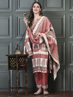 Shree - Women Pashmina Rust Mughal Print Kurta with Pant & Dupatta (Set of 3)
