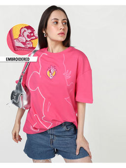 Bewakoof - Disney Women's Hot Pink Embroidered oversized T-shirt
