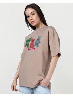 Bewakoof - Women's Warm Taupe Brown Keep Guessing Graphic Printed Oversized T-shirt
