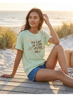 Bewakoof - Women's Fog Green To Lay in the Sun Typography Boyfriend T-shirt
