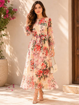 StyleStone - Women Beige Floral Dress with Belt