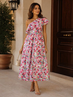 StyleStone - White Floral One shoulder Polyester Crepe Long Dress