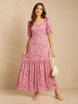 StyleStone - Women's Pink Polyester Moss Floral Dress