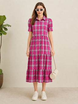 StyleStone - Women's Pink Cotton Check tiered Dress