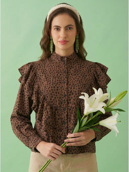 AMAGYAA - Brown Ruffle Neck Top