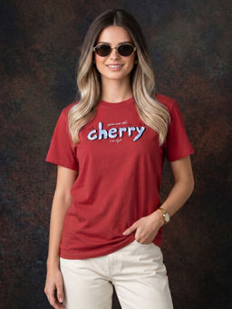 JUNEBERRY - Cherry Red Regular Fit Printed T-shirt