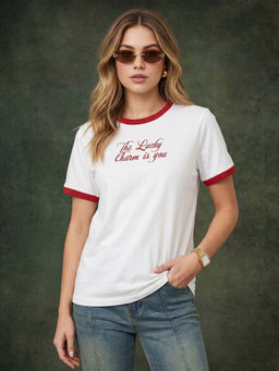JUNEBERRY - Lucky Charm White Graphic Printed Regular Fit T-Shirt