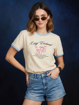 JUNEBERRY - Lazy Weekend Beige Graphic Printed Regular Fit T-Shirt
