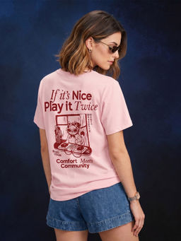 JUNEBERRY - Nice Play It Twice Pink Oversized Graphic Printed T-Shirt