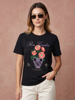 JUNEBERRY - Rose Garden Black Graphic Printed Regular Fit T-Shirt
