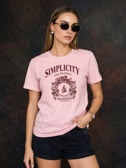 JUNEBERRY - Simplicity Pink Graphic Printed Regular Fit T-Shirt