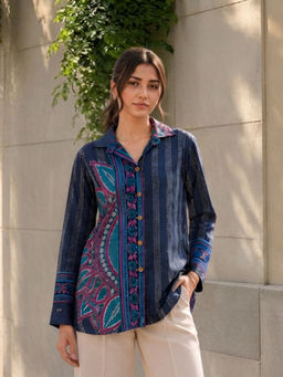 KAFTANIZE - Navy Blue Color Floral Printed Shirt