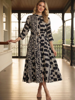 ZUMMER - Grey Printed Fit And Flare Dress with Belt