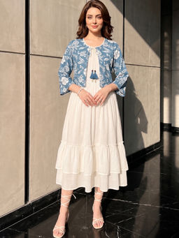 ZUMMER - White Rayon Fit And Flare Dress with Printed Jacket
