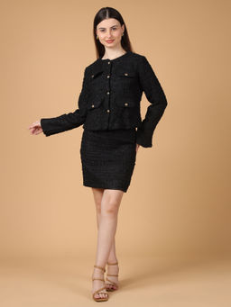 Saffe - Black Long Sleeves Solid Textured Jacket with Skirt