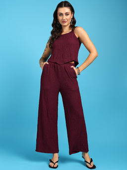 Saffe - Wine Jacquard Casual Loose Fit Round Neck Textured Co-Ord Set