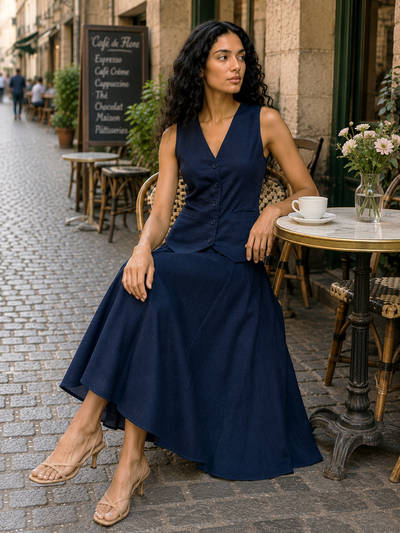 Blue Vest with Flare Skirt