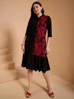 ZUMMER - Black Viscose Rayon Embroidered Dress