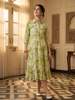 ZUMMER - Olive Tropical Print Fit and Flare Dress
