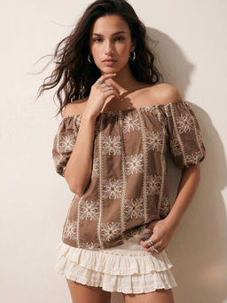 Outzidr - Brown Off Shoulder Embroidered Top