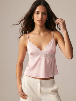 Outzidr - Pink Spaghetti Strap Lace Insert Tank Top