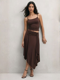 Outzidr - Brown Fitted Solid Top and Asymmetrical Hem Skirt