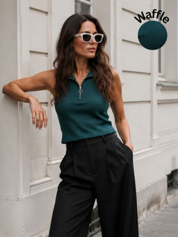RIGO - Women Teal Solid Waffle Knit Sleeveless High Neck Crop Top