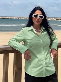 RIGO - Women Light Green Solid Cotton Full Sleeve Regular Fit Casual Shirt