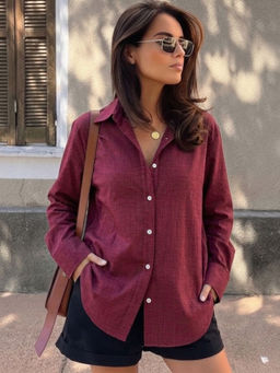 RIGO - Women Red Solid Cotton Full Sleeve Regular Fit Casual Shirt