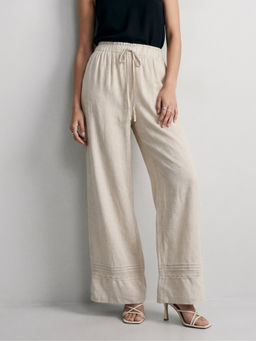 Outzidr - Off white Lace Detail Wide Leg Trouser