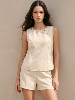 Outzidr - Cream Trim Detail Top and Shorts
