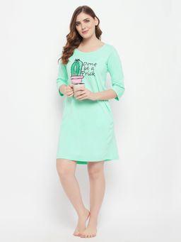 Clovia - Dot Print Short Night Dress In Green - 100% Cotton