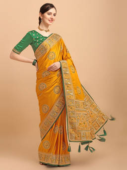 Amrutam Fab - Womens Embroidered Silk Yellow Saree With Unstitched Blouse Piece