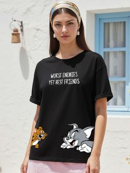 Bewakoof - Official Tom & Jerry Women's Black Worst Enemies Boyfriend T-shirt