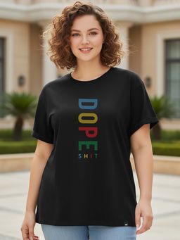 Bewakoof - Women's Black Dope Shit Graphic Printed Plus Size Boyfriend T-shirt