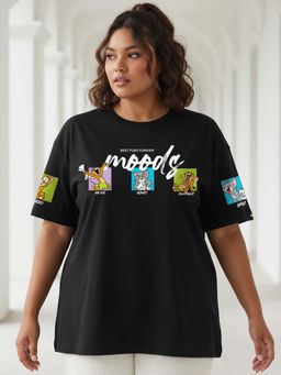 Bewakoof - Tom & Jerry Women's Black Friends & Feelings Graphic Printed Oversized Plus Size T-shirt