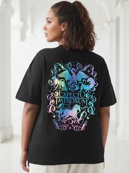 Bewakoof - Official Harry Potter Women's Black Expecto Graphic Printed Oversized Plus Size T-shirt
