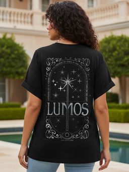 Bewakoof - Official Harry Potter Women's Black Lumos Graphic Printed Plus Size Boyfriend T-shirt