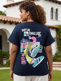 Bewakoof - Women's Blue Serial Chiller Graphic Printed Plus Size Boyfriend T-shirt